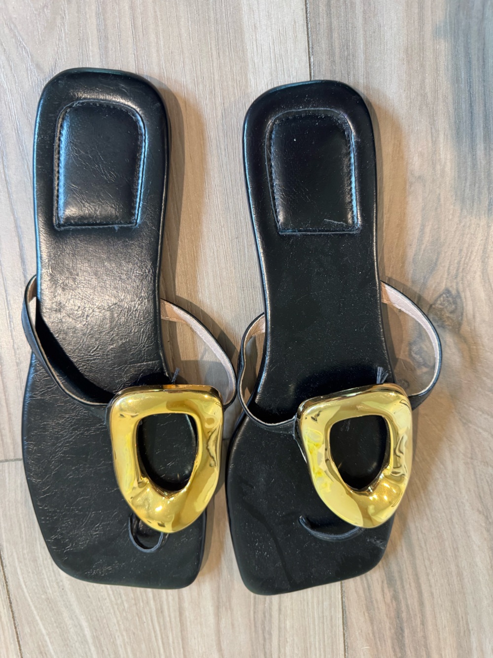 Black Leather Women’s Slide Sandals with Gold Accent